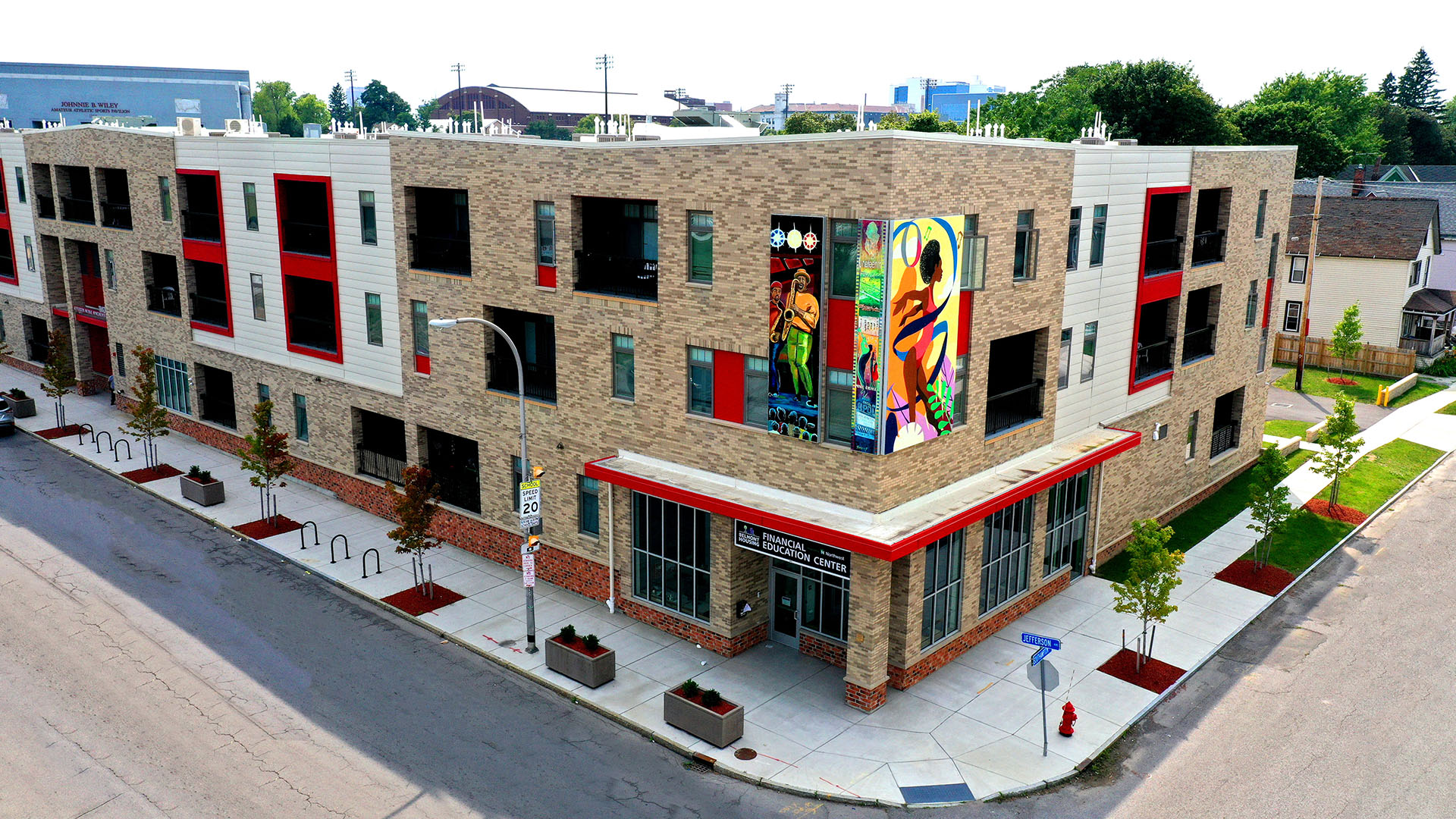 Building on Jefferson Avenue in Buffalo, NY with jazz mural on the side of the building